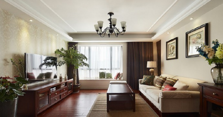 古典温暖的美式110平米三居室客厅窗户装修效果图