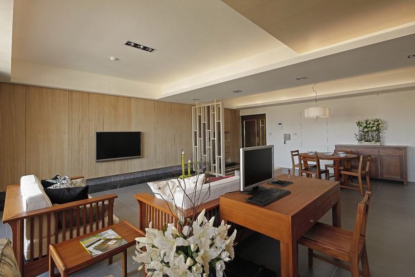 实木简中式风格80平米一居室客厅电视背景墙装修效果图