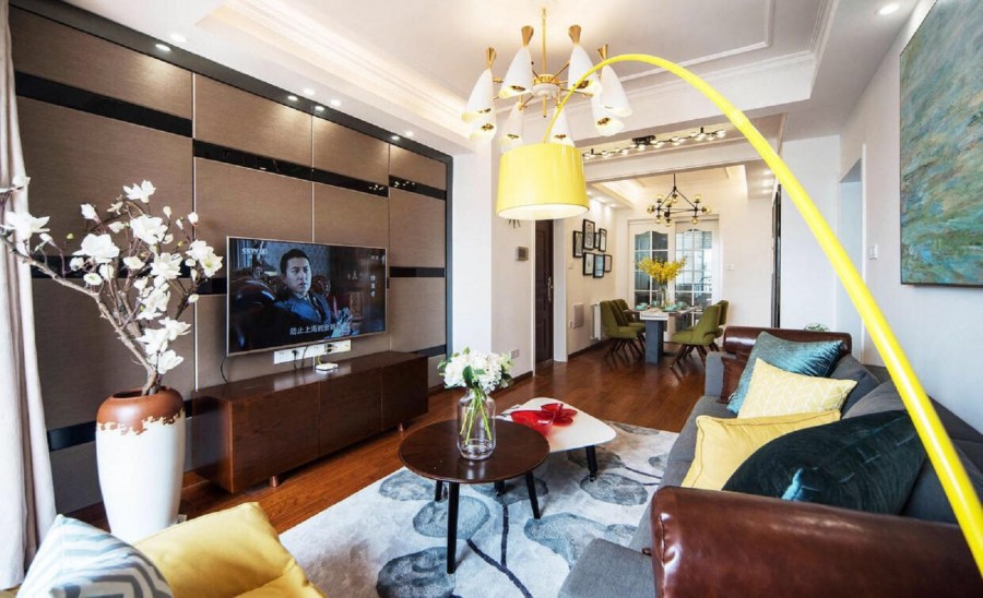 对立统一的现代简约风格90平米三居室客厅电视背景墙装修效果图