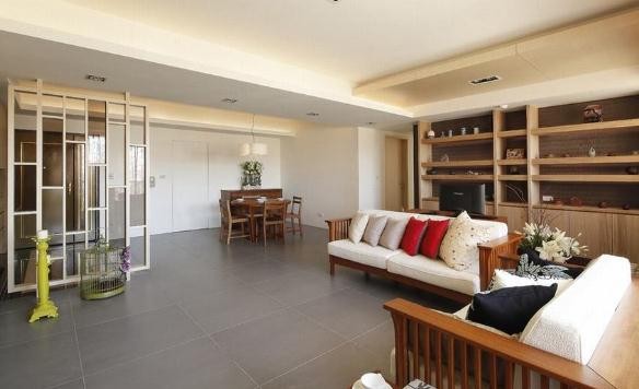 米色极简中式风格50平米小户型客厅吊顶装修效果图