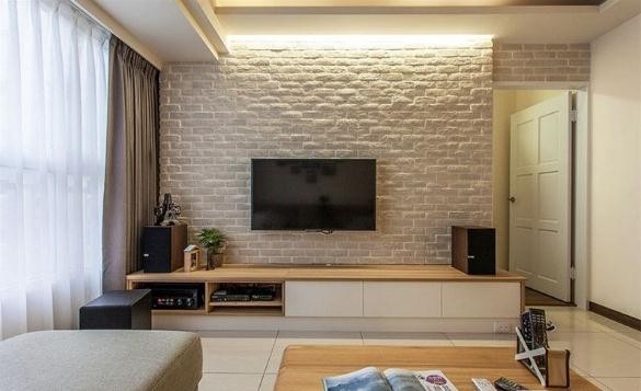淡黄温馨日式风格90平米二居室客厅电视背景墙装修效果图