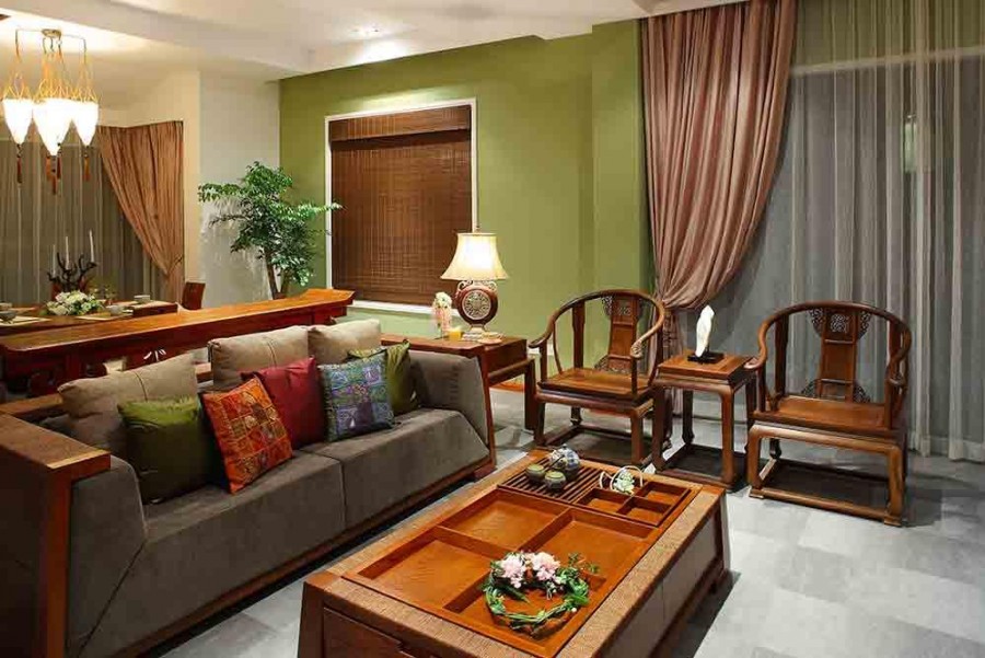 古典韵味中式风格120平米复式loft客厅窗帘装修效果图