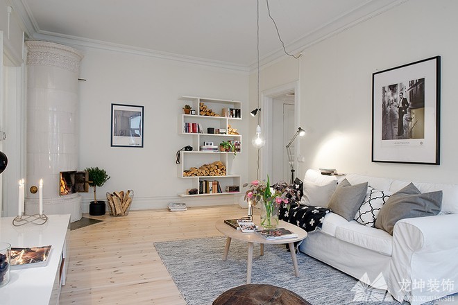 纯净洁白北欧风格80平米二居室客厅背景墙装修效果图