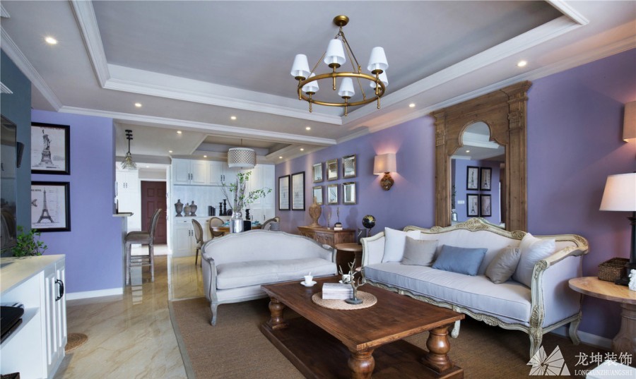 紫色淡雅欧式风格100平米二居室客厅背景墙装修效果图