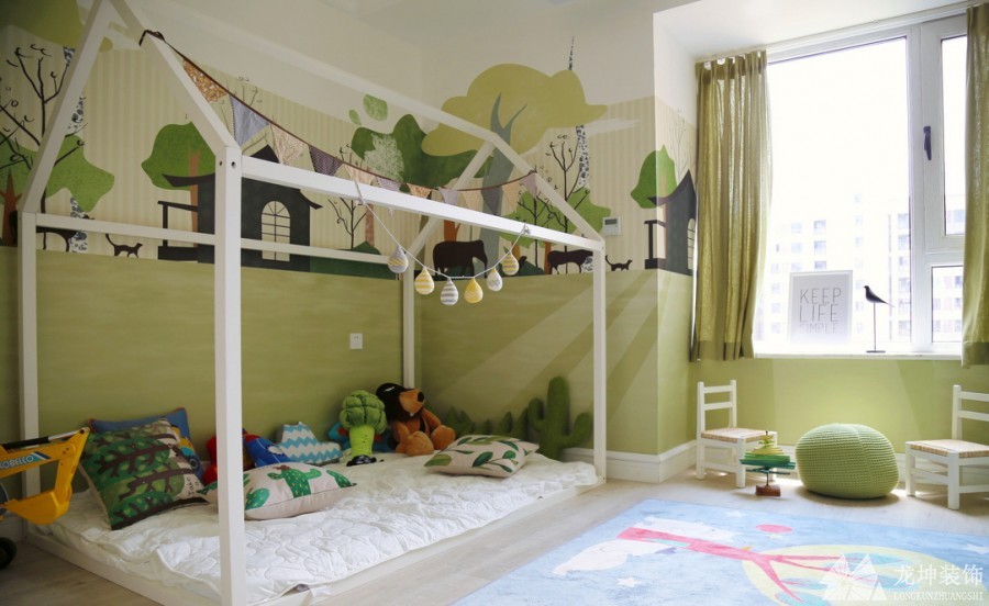 纯净森系北欧风格130平米三居室儿童房背景墙装修效果图