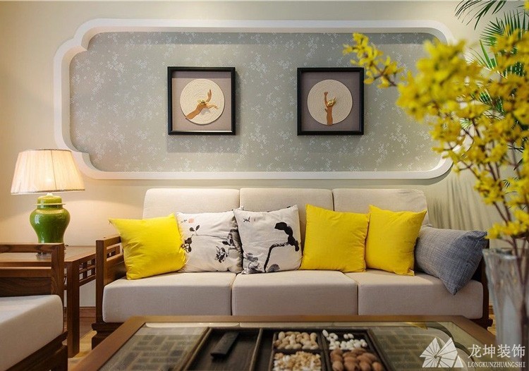 时尚雅致中式风格90平米二居室客厅背景墙装修效果图