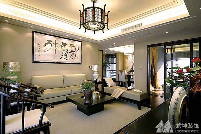 中式雅致端庄90平米二居室客厅背景墙装修效果图