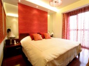 红色古朴中式120平米三居室卧室背景墙装修效果图