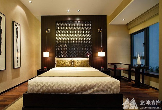 原木米色中式风格100平米复式卧室吊顶装修效果图