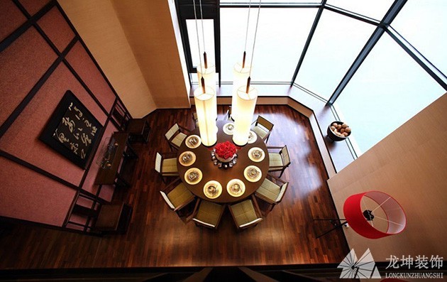 原木米色中式风格100平米复式餐厅吊顶装修效果图
