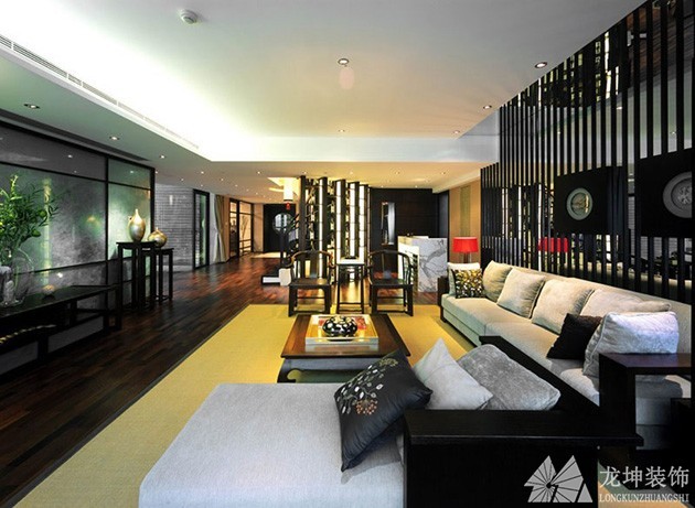 原木米色中式风格100平米复式客厅背景墙装修效果图