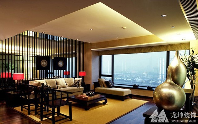原木米色中式风格100平米复式客厅吊顶装修效果图