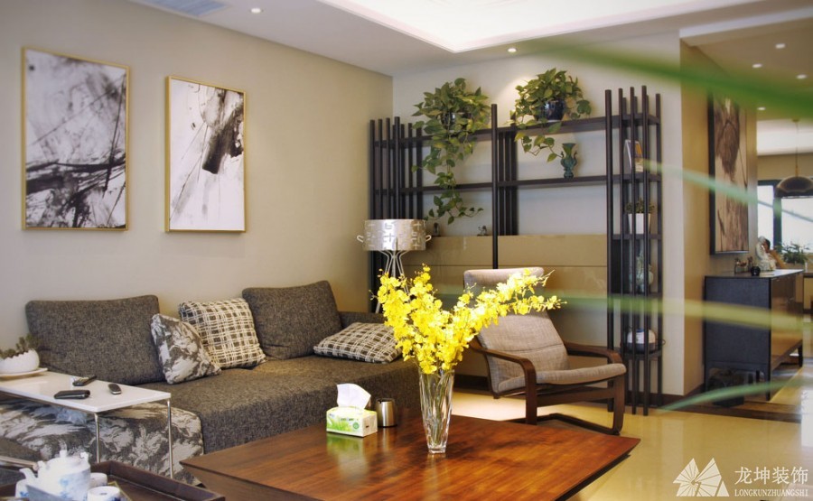 惬意舒适中式风格120平米三居室客厅背景墙装修效果图