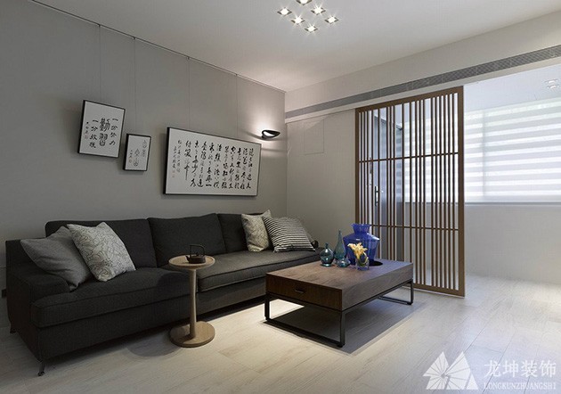 灰色现代中式100平米三居室客厅背景墙装修效果图