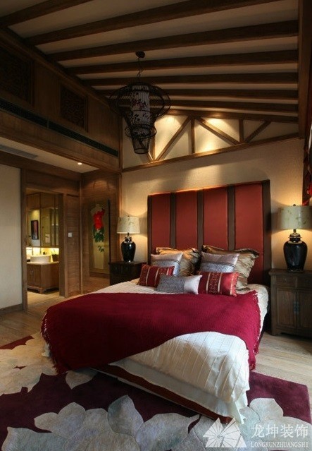 质朴木质中式风格120平米复式卧室吊顶装修效果图