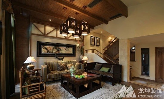 质朴木质中式风格120平米复式客厅背景墙装修效果图