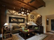 质朴木质中式风格120平米复式客厅背景墙装修效果图
