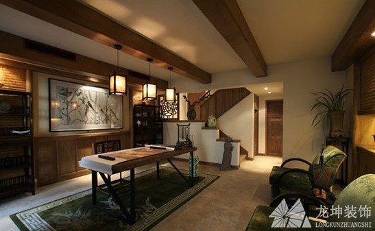 质朴木质中式风格120平米复式客厅吧台装修效果图