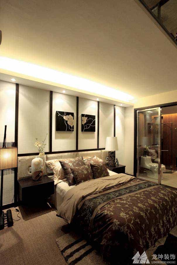 层次鲜明中式100平米复式卧室背景墙装修效果图