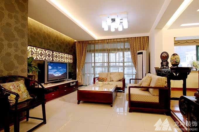 中式简约雅致100平米复式客厅电视背景墙装修效果图