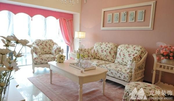 粉色温馨田园风格70平米二居室客厅背景墙装修效果图