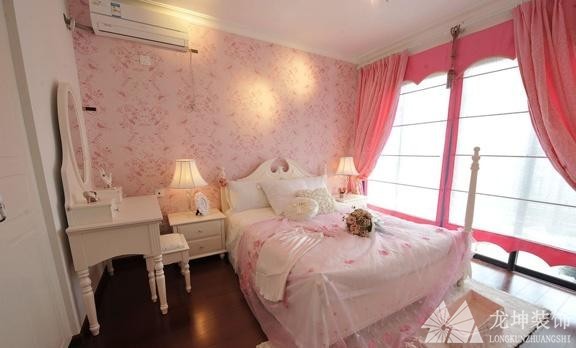 粉色温馨田园风格70平米二居室儿童房背景墙装修效果图