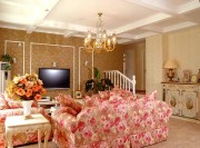 粉色系田园风格100平米二居室客厅电视背景墙装修效果图
