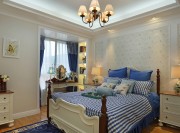 蓝色清新田园风格100平米三居室卧室背景墙装修效果图