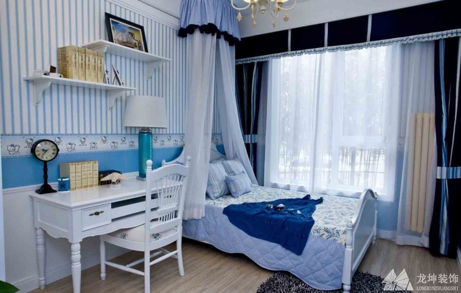蓝色清爽地中海风格90平米二居室儿童房背景墙装修效果图