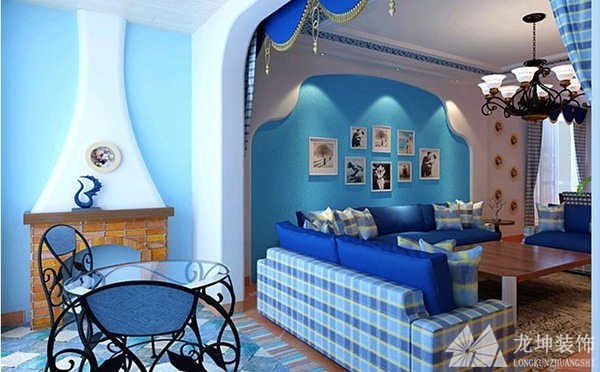 蓝白清新地中海风格100平米二居室客厅背景墙装修效果图