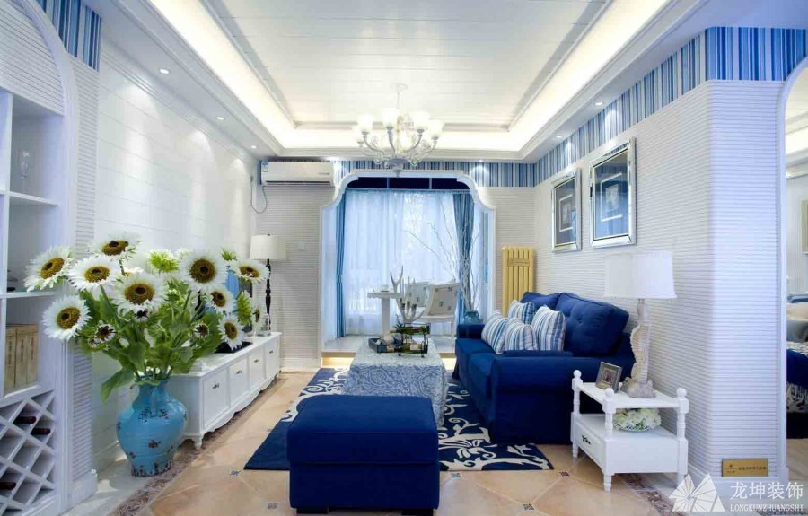 蓝色清爽地中海风格90平米二居室客厅吊顶装修效果图