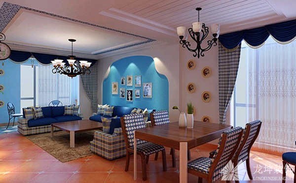 蓝白清新地中海风格100平米二居室餐厅吊顶装修效果图