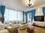 蓝白复古地中海风格130平米三居室客厅电视背景墙装修效果图