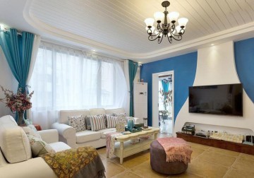 蓝白复古地中海风格130平米三居室装修效果图