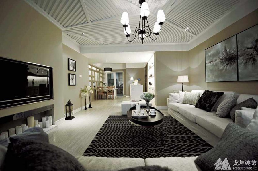 清淡时尚美式风格120平米三居室客厅吊顶装修效果图